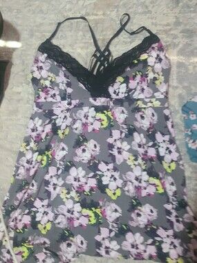 Floral Lace-Trim Cami Dress in Gray with Pink & Lime Accents